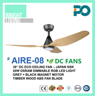 PO AIRE-08 36" DC Eco Ceiling Fan with 20W Dimmable RGB LED Light Kit (Optional)
