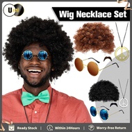 4Pcs Mens Hippie Wig Set Gold Brown 70s 80s Disco Mustache Gold Chain Kit Kostum Hip Hop Retro
