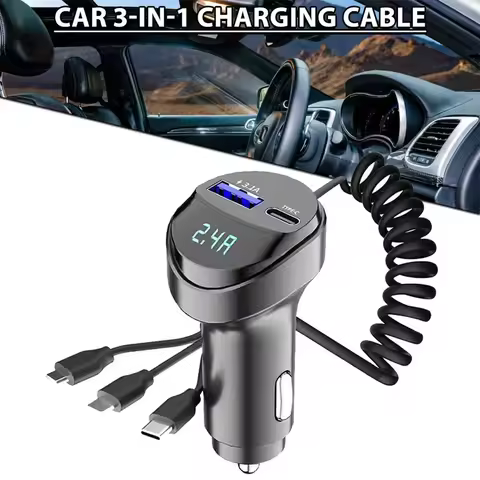 55W Car Charger 3 in 1 Retractable Cable 2 Ports Fast Charging with Voltage Display for iPhone Samsu