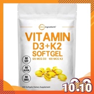 Microingredients Vitamin D3 5000IU Plus K2, 2 in 1 Formula Vitamin D3 Liquid with Vitamin K2 300 Soft-Gels, Immune d3 k2