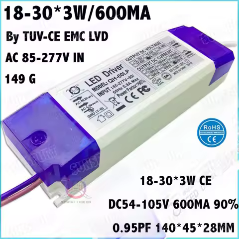 2 Pcs By TUV-CE 60W AC85-277V LED Driver 18-30x3W 600mA DC54-105V DC line Constant Current LEDPower 