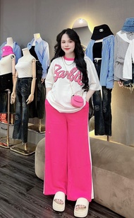 Set thun in chữ babie form rộng mix quần ống rộng kẻ 1 sọc đồ bộ thun nữ mát mặc hè thoải mái