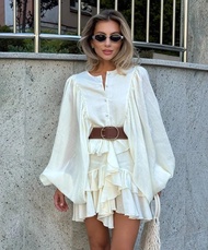 Elegant Solid Layered High Waist Mini Vestidos Women Chic Long Sleeve See Through Ruffles Single Bre