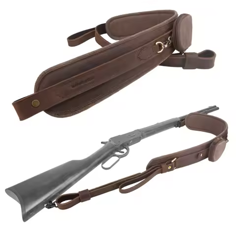 Leather Rifle Strap with Removable Canvas Bag Pouches, Hunting Gun Belt Shotgun Shoulder Sling for M