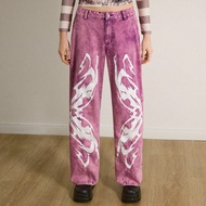 Women's Pink & Purple Tie-Dye Effect Starry Thorn Hand-Drawn Line Print Loose Wide-Leg Flare Jeans, 