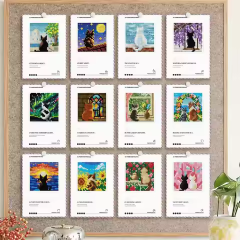 Foreveryoung 12 Kitty Scenery Diamond Card Kit, 8×12.7cm Each, Triple Diamonds, Cat Lover Mini Decor