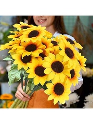 3 Manojos, Arreglos Artificiales De Girasol Con Tallos Bouquet Plantas Falsas Plástico Resistente A Los Rayos Uv, Follaje Falso Para Decoración En Flores Artificiales Para Exteriores. Sin Decoloración Para Decorar Jardines, Porches, Cajas De Ventanas.