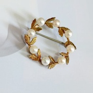 vintage jewelry 古董 krementz 珍珠14k鍍金花環 別針