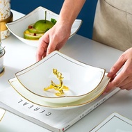 2022新款骨瓷餐具金邊盤子套裝創意不規則翹角盤家用菜盤深盤湯盤