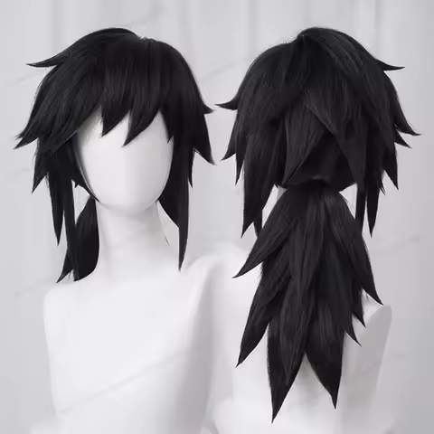 Tomioka Giyuu Cosplay Wig 40cm Long Black Man Hair Anime Wig Heat Resistant Synthetic Wigs