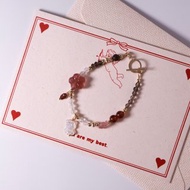 梅影。草莓晶小花 立體貝母熊熊 石榴石 14KGF 水晶礦石設計手鍊