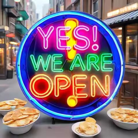 Vintage Retro Yes! We Are Open Round Tin Sign, Neon Style Colorful Business Open Sign Metal Wall Art