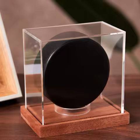 Hockey Puck Display Case with Wooden Base Transparent Hockey Puck Display Case Dustproof Decorative