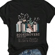 Flower And Book Print Casual Women's Round Neck Short Sleeve T-Shirt Top, BOOKTROVERT A Person Who P