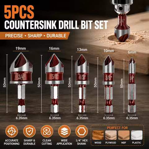 82 Degree 5 Flute Countersink Drill Bit Set Wood Chamfer Cutter with Pilot Point for Countersinking 