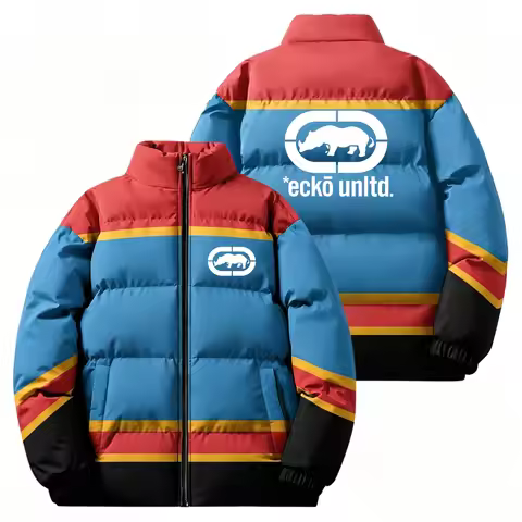 Men Ecko Unltd Rhino Logo Winter Padded Jacket Black‑White‑Red Color‑Block Zip‑Up Warm Stand Collar 