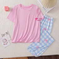 2pcs Lady Pajamas Set: Pink Short Sleeve Round Neck Top Paired With Minimalist Style Light Blue, Whi