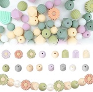 Foonary Pack of 76 Colourful Silicone Beads - Daisy Shape & Polygon, Beads for Threading with Holes,
