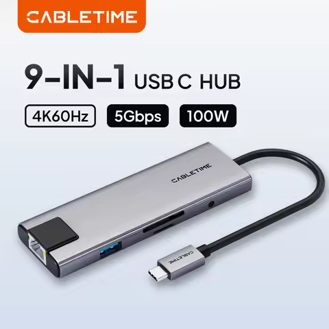 CABLETIME 9 IN 1 USB C HUB 4K@60Hz Video Resolution 5Gbps Data Transmission 1000Mbps Lan Port PD100W