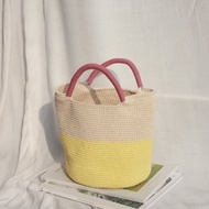 Two Tone ,Bucket hand bags (Yellow+Cream) Dark Pink Strap