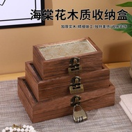 Begonia Flower Transparent Glass Lid Wooden Box Retro Solid Wood Box Rectangular Organizing Jewelry 