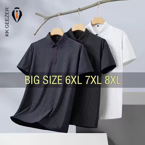 Men Polo Shirt Striped Short Sleeve Traceless Cool Thin Oversized 5XL 6XL 7XL 8XL Plus Size Elastic 
