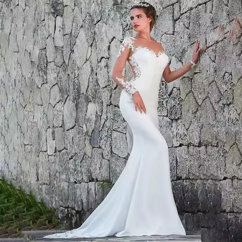 Customized Long Sleeves Sheer Lace Appliques Mermaid Wedding Dresses Bridal Gowns See Through Back W