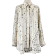 愛馬仕 (HERMES) 復古款 100% 真絲「球體演奏的音樂」小提琴印花長袖襯衫，象牙色，40 碼，法國製造，女款，品相極佳。