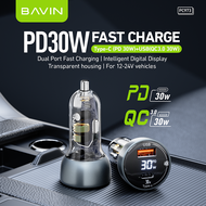 BAVIN PC973 30W PD Fast Charging Intelligent Car Charger PD+QC3.0 USB Port Built-In LED Display for 