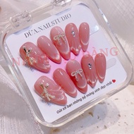 L5H4 5 6 Nail Box Handmade Coral Design Fake Nails with 3D White Bow & Sweet Polka Dots, Fake Nails 