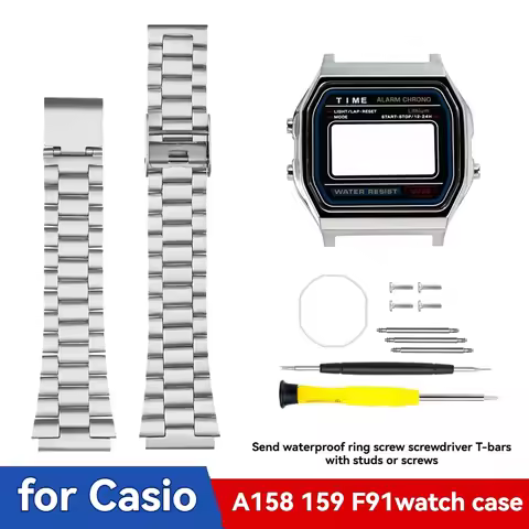 Stainless Steel Metal Bezel Case + Strap Kit for Casio F91W/A158/A159–Custom Replacement Watch Band 
