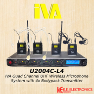 IVA U2004C Series Quad Channel UHF Wireless Microphone System with 4x Bodypack Transmitter c/w Headset/Tie Clip Mic