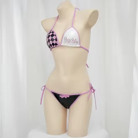 Barbie Cute Girl Pink Black Plaid Bikini Swimsuit Women Three Point Underwear Set Costume Cosplay