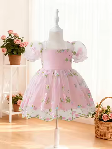 1-Piece Summer Thin Dress for Baby Girls, Baby Girl's Three-Dimensional Embroidered Floral Decoratio