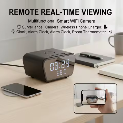 4K UHD Camera with Wireless Charger, Clock, Alarm, Room Thermometer - WiFi6 Remote Viewing, 32GB SD 