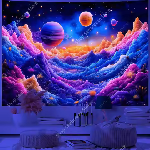 Planet UV Reactive Tapestry Galaxy Space Tapestry for Hippie Room Decor Aesthetic Psychedelic Home W