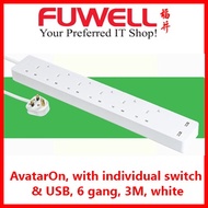 Schneider Electric-AvatarOn Trailing Socket with individual switch & USB, 6 Gang, 3M, White (TSH36U_