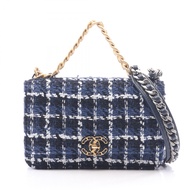 【二手】香奈兒 CHANEL 肩背包 CHANEL19 絎縫格紋組合五金 2WAY 藍/白/黑 其他 CHANEL19 絎縫鏈條錢包