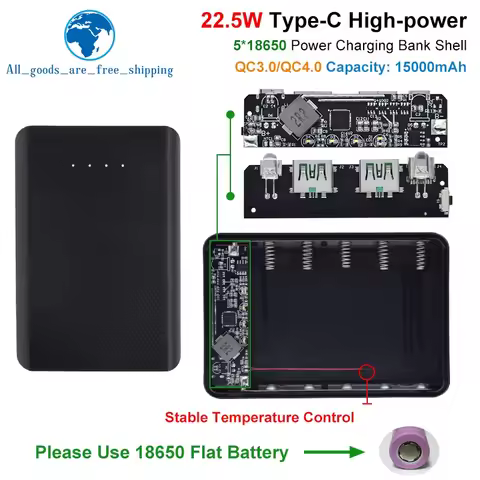 5V 4.5A 22.5W 5*18650 Power Bank Battery Box QC4.0 QC3.0 Dual USB Micro/Type-C USB 15000mAh Mobile P