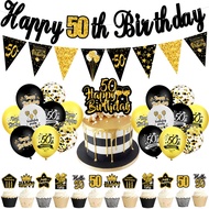 32 Pcs Black Gold 50th Birthday Balloon Set,Banner,Cake Toppers, Optional for 18 30 40 50 60, Birthd