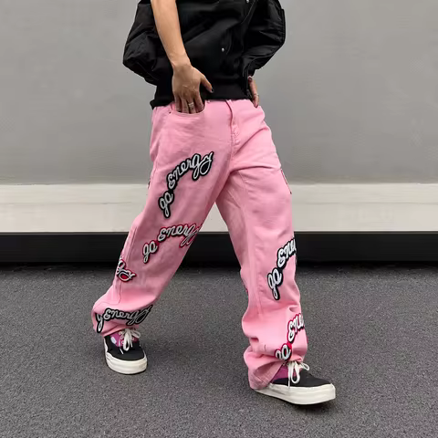 Vintage Men's Streetwear Baggy Denim Jeans "Go Energy" Letter Embroidery Loose Straight Leg Skate Pa