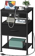 DOMYDEVM Black Nightstand with Charging Station and 3-Tier Side Table with Storage Drawers Nightstand Side Table with USB &amp; AC Ports Suitable for Home Office Living Room Bedroom, NX-R954-H