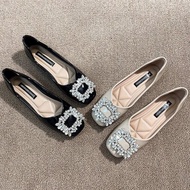 2 Colors Large Size 32-44 Flat Sole Shoes Women's Slip-On Square Toe Rhinestone Patent Leather Shall