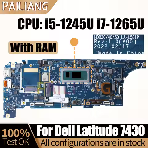 For Dell Latitude 7430 Notebook Mainboard LA-L581P 05423Y 0G8YFK i5-1245U i7-1265U With RAM Laptop M