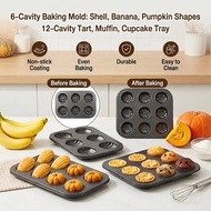 6-cavity madeleine pan in banana and pumpkin shapes, 12-cavity tart pan, muffin and cupcake pan.
