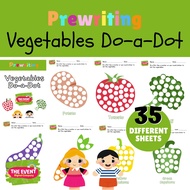 E-BUSY BOOK, ACTIVITY HANDOUT- Prewriting worksheet, Vegetable Do a Dot, Sticker activity, Dot marke
