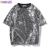Mens Shiny Silver Sequin Tshirt 70S Disco Costume Sparkle Party Short Sleeve T-Shirt Men Giltter Round Neck Streetwear Camiseta