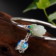 Bracelets &amp; Bangles Authentic Silver 925 Jewelry Natural Jade Engraved Magnolia Flower Cloisonne Ena