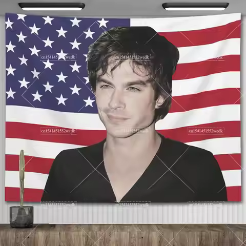Ian Somerhalder American Flag Vampire Diaries Poster Damon Salvatorea Tapestrys Aesthetic Bedroom De
