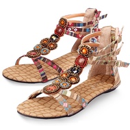 HE3 Sandal Wanita Beaded Rhinestone Ethnic Bohemian Flat Zip Women's Shoes